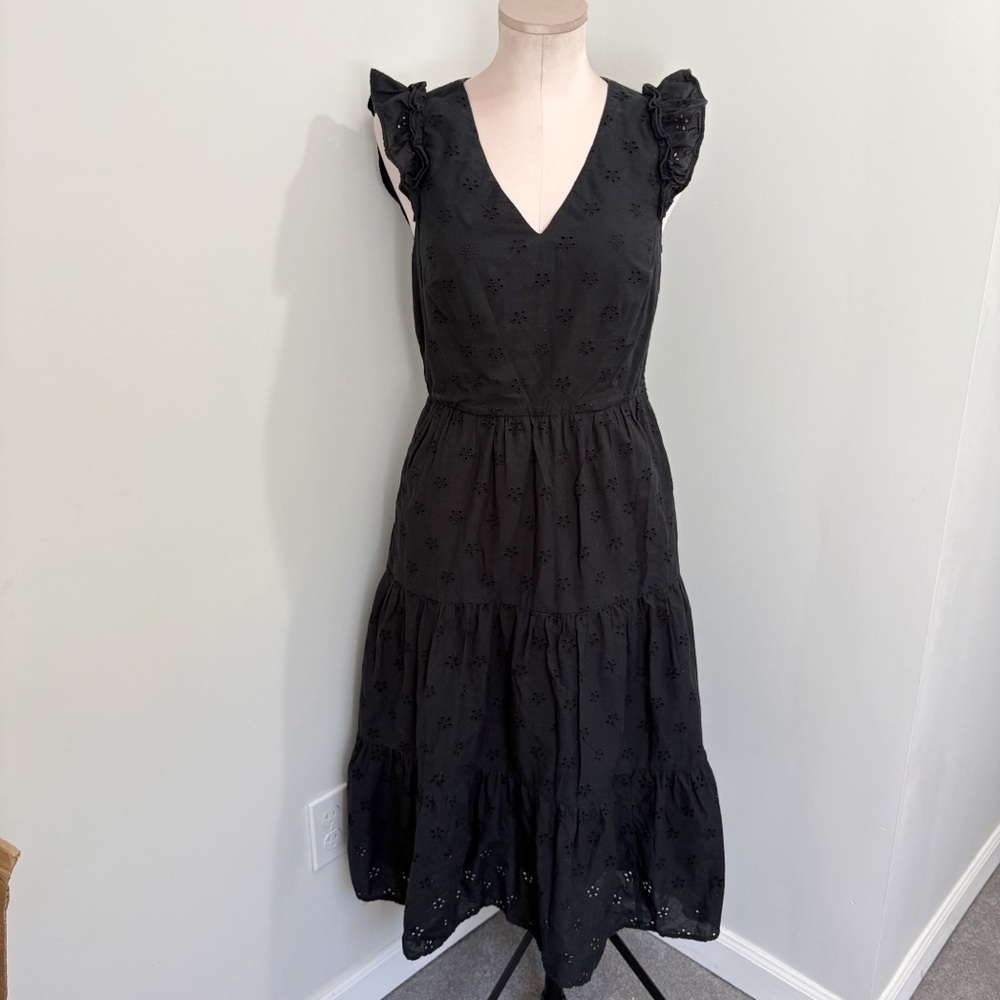 J. Crew Cotton Eyelet Midi Dress Size 2 Black Tiered Pockets Shoulder Ruffles - Picture 2 of 16